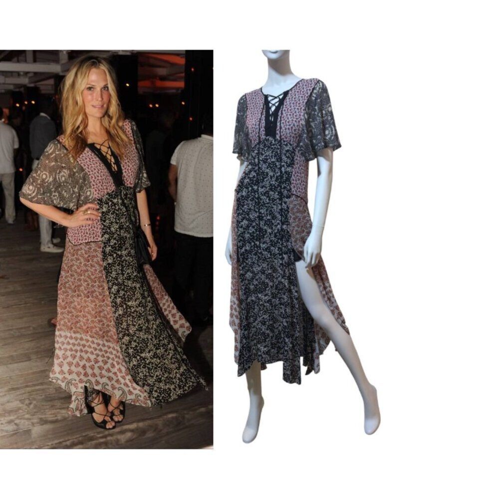 Zara Patchwork Sundress S Asymmetric Semi Sheer Gauzy Lace Up Molly Sims 2015